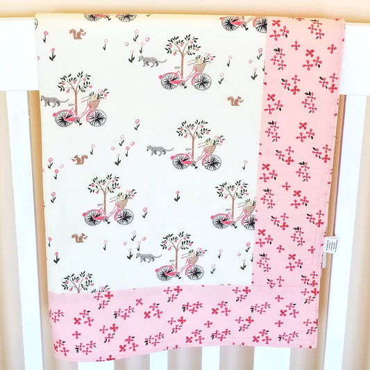 Organic Cotton Baby Blanket with Bicyles, Flowers, & Cats