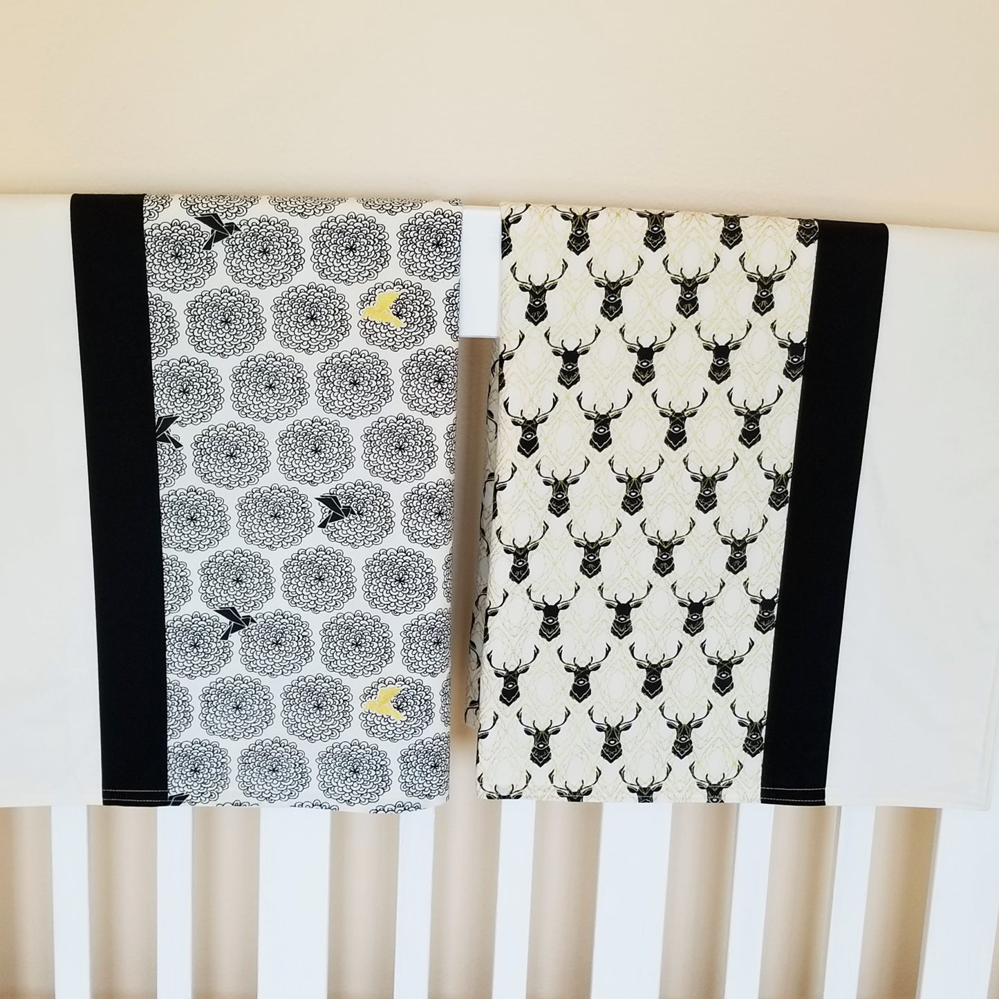 Organic Cotton Baby Blanket in Black, White and Gold, Blossom or Elk Print