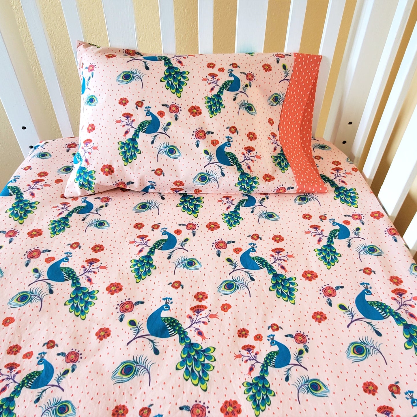 Peacock Print Organic Cotton Toddler and Travel Sized Pillowcase