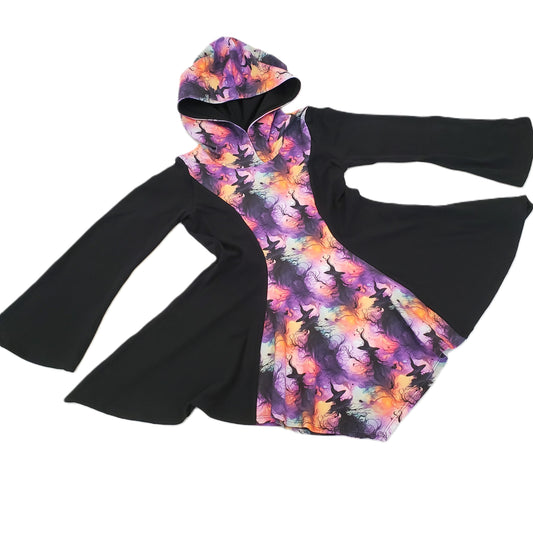 Girl's Handkerchief Hemmed Hoodie Tunic Top in Witch Print