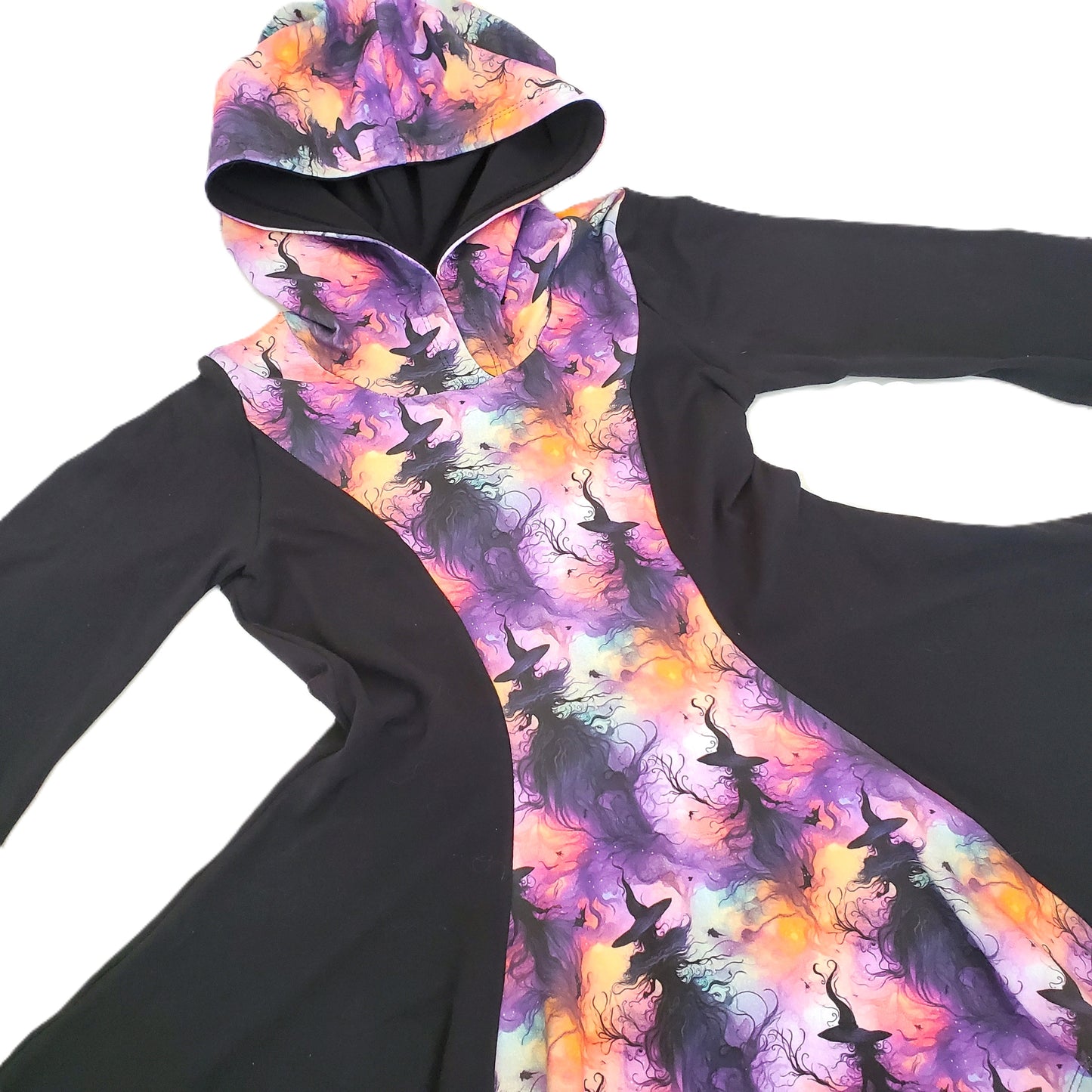 Girl's Handkerchief Hemmed Hoodie Tunic Top in Witch Print