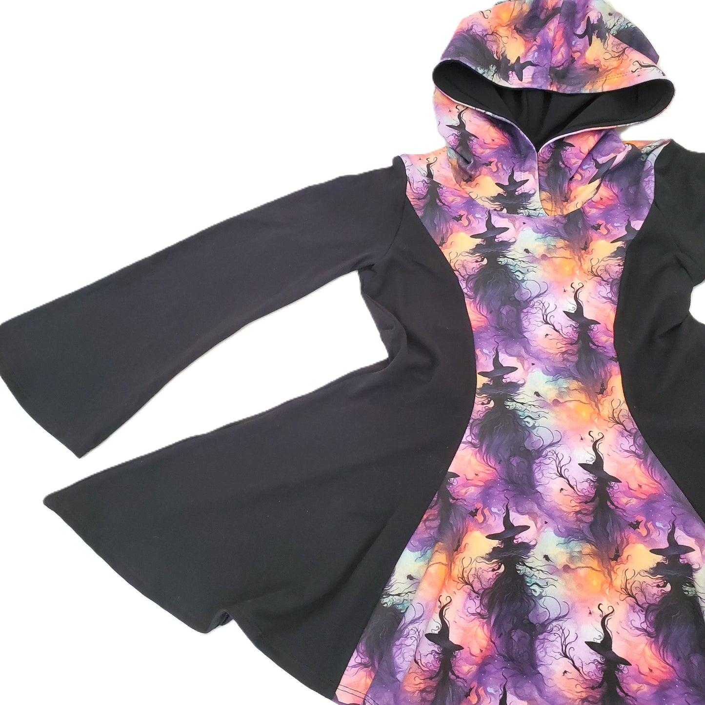 Girl's Handkerchief Hemmed Hoodie Tunic Top in Witch Print