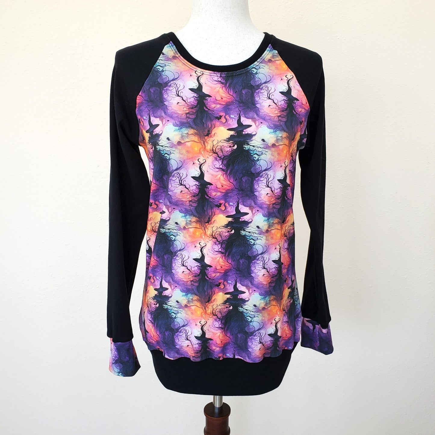 Girl's Handkerchief Hemmed Hoodie Tunic Top in Witch Print