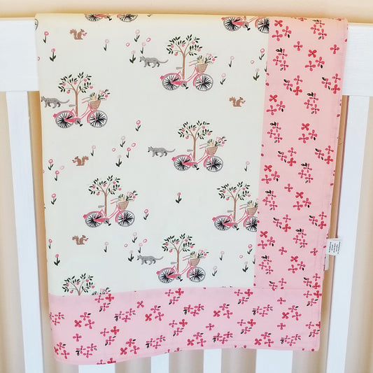 Organic Cotton Baby Blanket with Bicyles, Flowers, & Cats