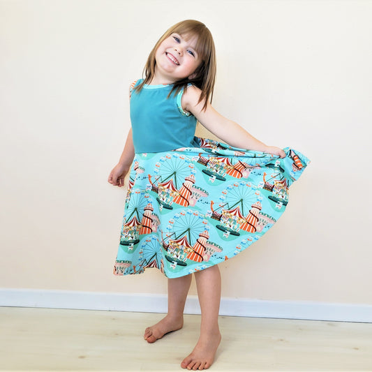 Girl's Organic Twirly Dress in Carousel Print