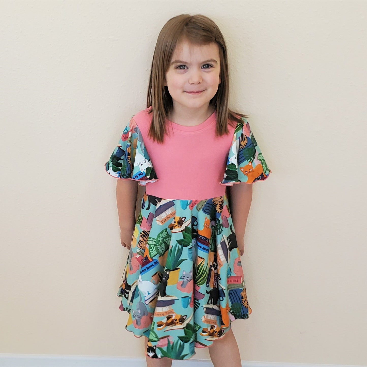 Girl's Twirl Dress with Cats & Books