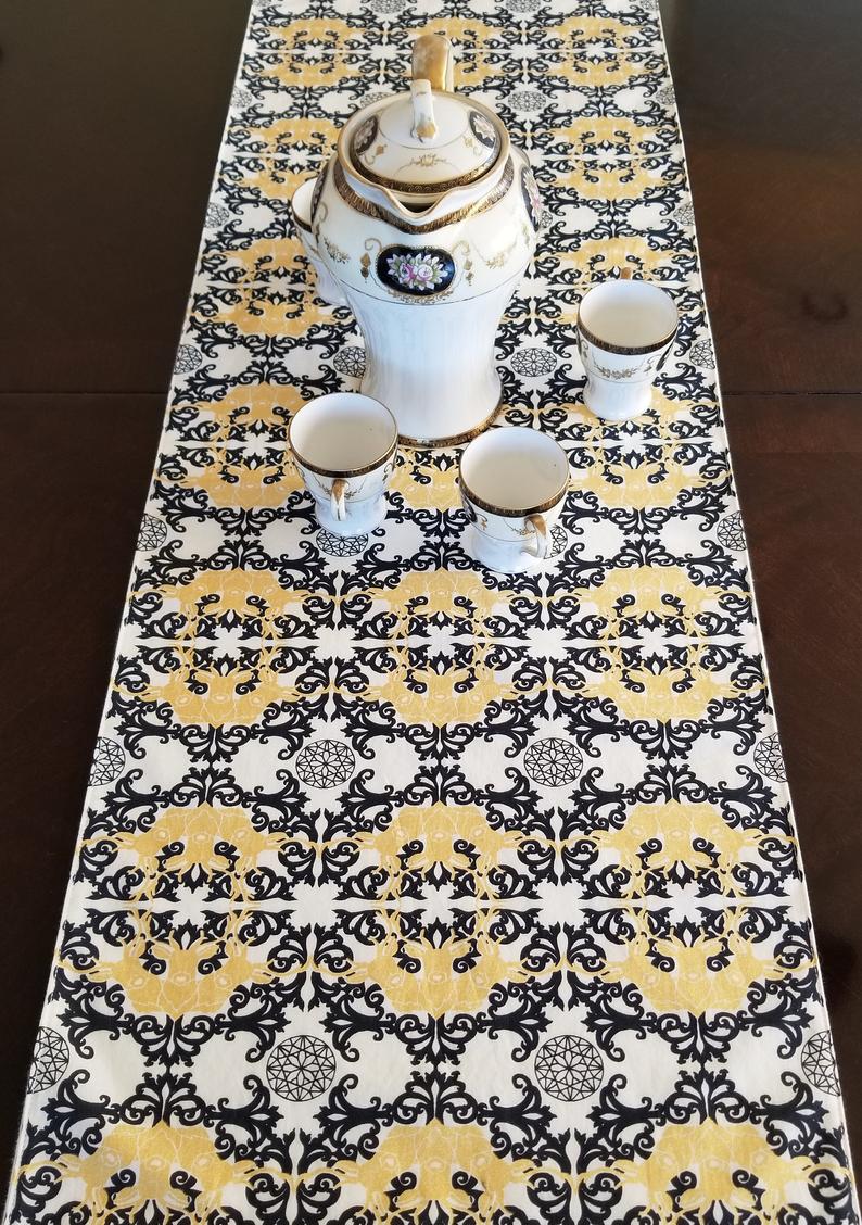 Organic Table Runner - Mod Nouveau - Black, White, and Metallic